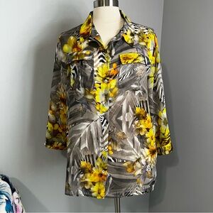 Susan Graver L Printed Sheer Chiffon Button Front 3/4 Sleeve Blouse